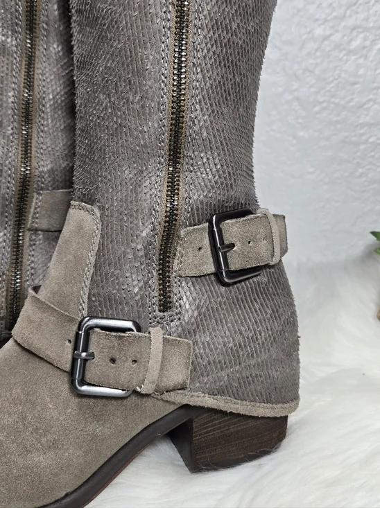 Donald J. Pliner Dela Taupe Suede Western Tall Buckle Boots, Size 7.5 - Picture 4 of 9